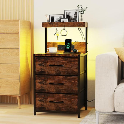 SZLHANJZ Night Stand, Nightstand with Charging Station and Led Lights, 3 Drawers Night Stand with Storage Shelf and Hooks, Tall End Side Table for Bedroom, Rustic Brown