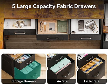 AODK 79 inch L Shaped Desk with 5 Drawers, Reversible L Shaped Gaming Desk with LED Light & 2 Power Outlets, Computer Desk with Storage Shelves for Home Office, Vintage