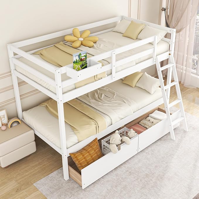 KOMFOTT Twin Over Twin Bunk Bed with 2 Roll-Out Drawers, Wood Bunk Bed Frame with Removable Storage Box, Bunk Bed with Ladder & Safety Guardrail for Dorm Apartment Home, No Box Spring Needed (White)