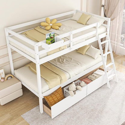 KOMFOTT Twin Over Twin Bunk Bed with 2 Roll-Out Drawers, Wood Bunk Bed Frame with Removable Storage Box, Bunk Bed with Ladder & Safety Guardrail for Dorm Apartment Home, No Box Spring Needed (White)