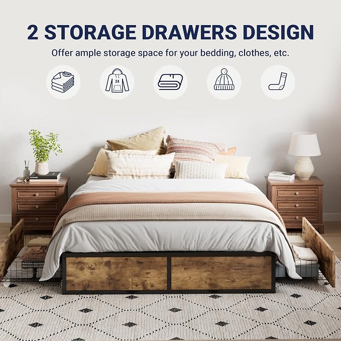 Allewie Full Size Metal Bed Frame with 2 Storage Drawers, Heavy-Duty Steel Frame with MDF Wood Panels, Flexible Drawer Placement, Easy Assembly, Noise-Free Support, Brown