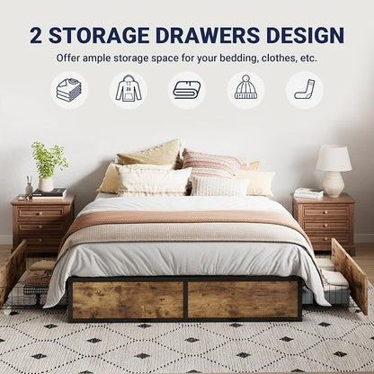 Allewie Queen Size Metal Bed Frame with 2 Storage Drawers, Heavy-Duty Steel Frame with MDF Wood Panels, Flexible Drawer Placement, Easy Assembly, Noise-Free Support, Brown