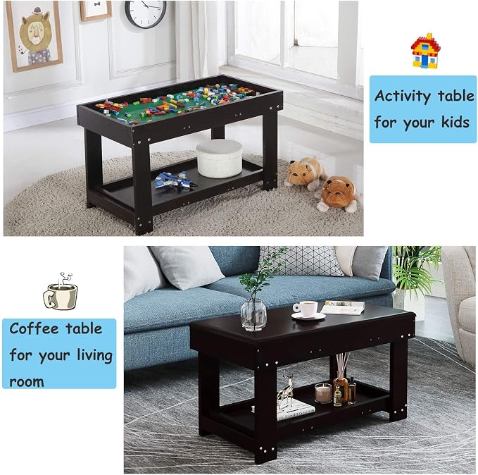 YouHi Kids Activity Table with Board for Bricks Activity Play Table (Dark Brown)