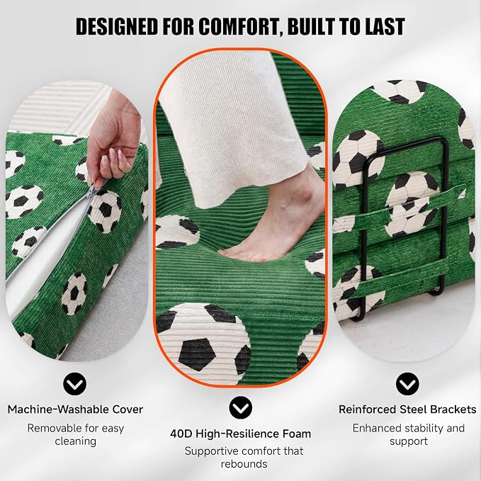 79" World Cup Soccer Sofa Bed, Green Soccer Ball Corduroy Convertible Couch, Foldable Sleeper Futon Floor Sofa for Game Day Watch Parties, Removable Machine-Washable Cover, 2 Pillows