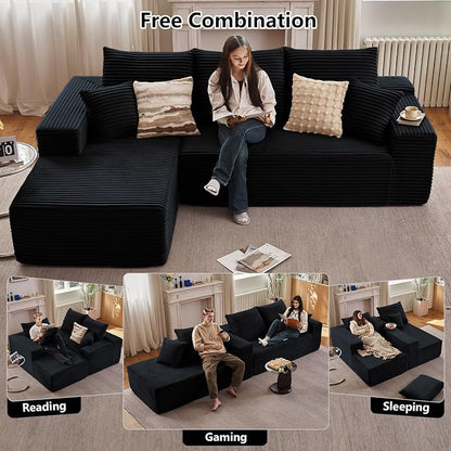 107" Cloud Sectional Couch with L-Shape Chaise, Modern Modular Comfy Sofa with Deep Seat, Upholstered Corduroy Couches Sleeper Chaise Longue for Living Room Bedroom, No Assembly Required, Black