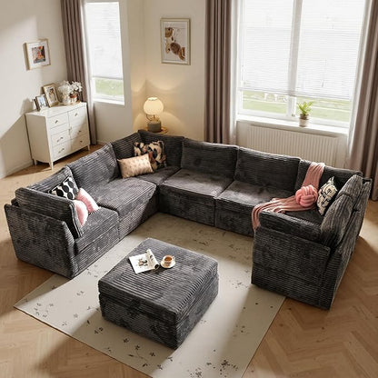 ovios Modular Sectional Sofa Couch with Sofa Bed L-Shape Chaise, Comfy Plush Corduroy Cloud Couches, Modern Luxury Deep Seat Sofas Set for Living Room, 8-Seater, Grey