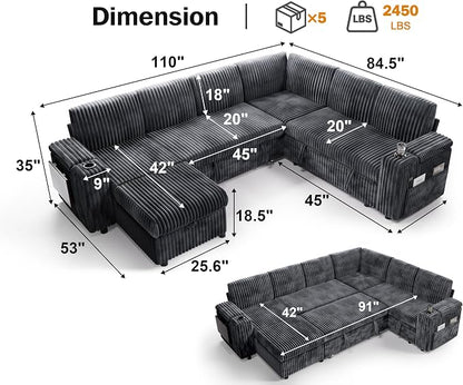 Vipbear 111" Modular Sectional Sleeper Sofa with Pull Out Bed, 7 Seat Corduroy L Shaped Couch with Ottoman|USB Ports|Cup Holders|Side Table|Storage Armrest, Tool Free Assembly, Grey