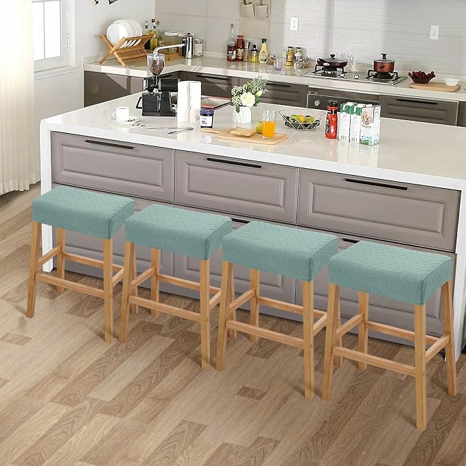 YISUN Stool Covers Rectangle - 4 Pack Stretch Waterproof Saddle Seat Cover Counter Bar Stools Bar Chairs Covers Kitchen Island Chairs Cushion Protector (1, Argyle-Green 4pcs)