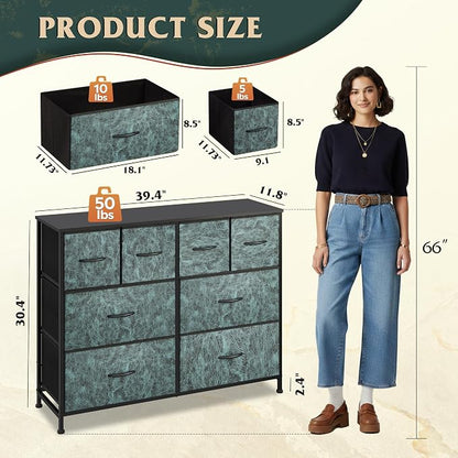 WLIVE Dresser for Bedroom with 8 Drawers, Wide Fabric Dresser for Storage and Organization, Bedroom Dressers, Chest of Drawers for Living Room, Closet, Hallway, Vintage Green