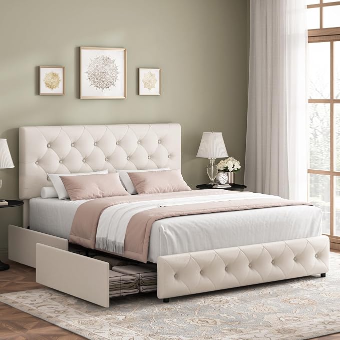 Keyluv Full Size Upholstered Platform Bed Frame with 4 Storage Drawers, Modern Beige Fabric Bed with Adjustable Button Tufted Headboard, Solid Wooden Slat Support, Easy Assembly