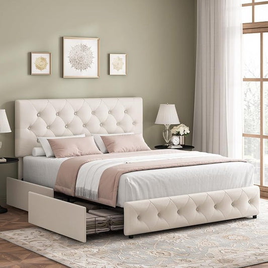 Keyluv Full Size Upholstered Platform Bed Frame with 4 Storage Drawers, Modern Beige Fabric Bed with Adjustable Button Tufted Headboard, Solid Wooden Slat Support, Easy Assembly