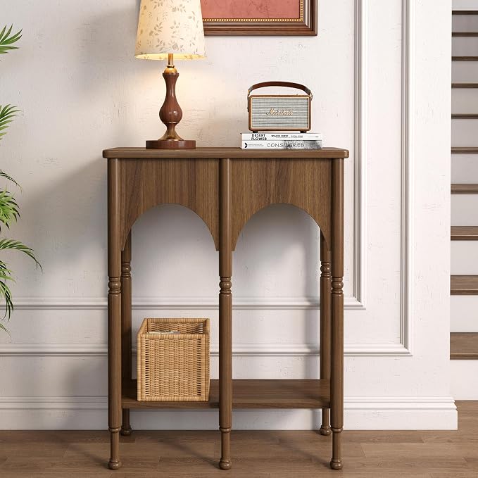 Console Table with Storage Shelf Set of 2, Retro Modern 2-Tier Entryway Table, Narrow Sofa Table with Roman-Style Legs for Living Room, Hallway, Brown