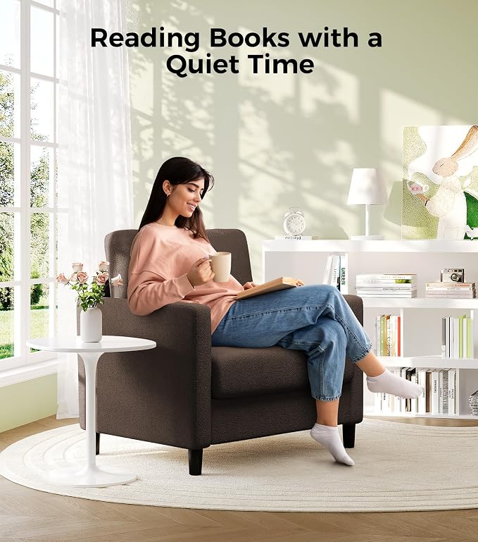 Welzona Sofa Accent Chair, 33" Reading Chair for Bedroom, Tool-Free Setup Living Room Accent Chairs, Comfy Arm Chairs Living Room, All-Wood Reading Nook, Brown