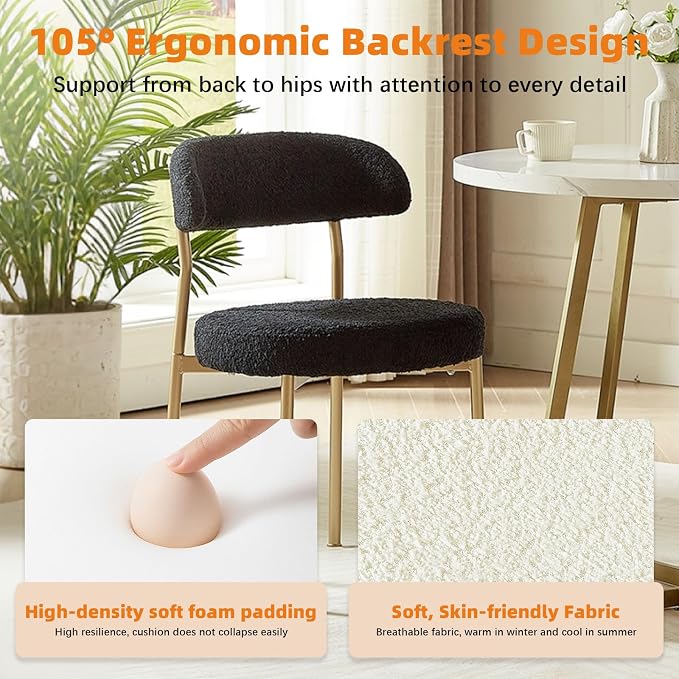 SoarFlash Dining Chairs, Black Boucle Dining Chairs Set of 4, Kitchen Dining Room Chairs Curved Backrest Upholstered Mid Century Modern Chairs with Golden Metal Legs