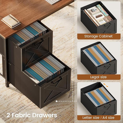 SEDETA L Shaped Gaming Desk, Reversible Computer Desk with Fabric Drawers and Power Outlet, Gaming Desk with Led Lights, Hutch and Storage Shelf for Home Office (Black and Brown)