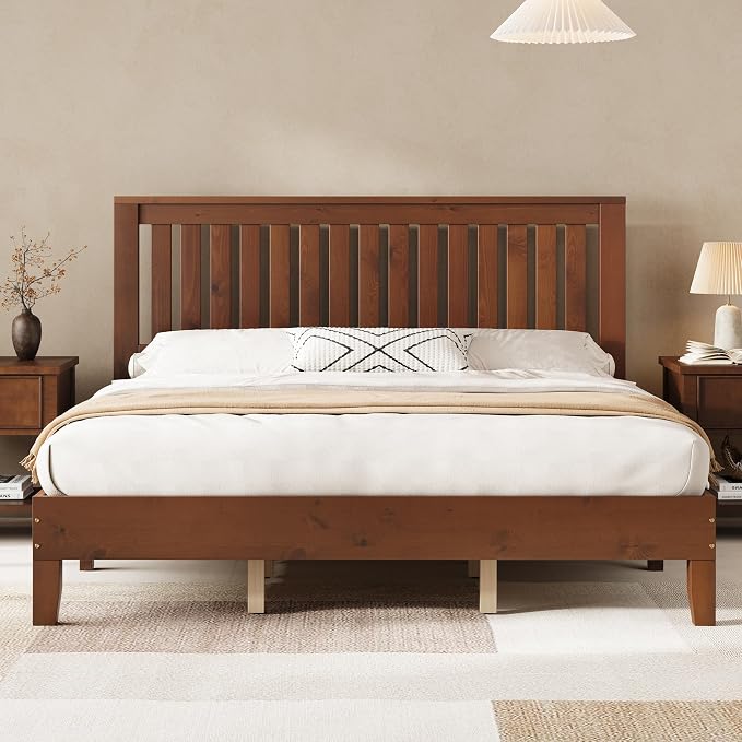 AMERLIFE King Bed Frame, Solid Wood Platform Bed with Vertical Slats Headboard, Wooden Bedframe King-Size, Sturdy Wooden Slats Support, No Box Spring Needed, Noise Free, Walnut