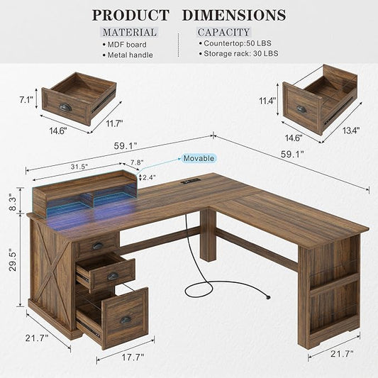 Lareth Executive L Shaped Desk with Monitor Stand, 59 inch Farmhouse Corner Computer Desk with Power Outlets & LED Lights, Home Office Desk with File Cabinet for Working Gaming Writing, Dark Walnut
