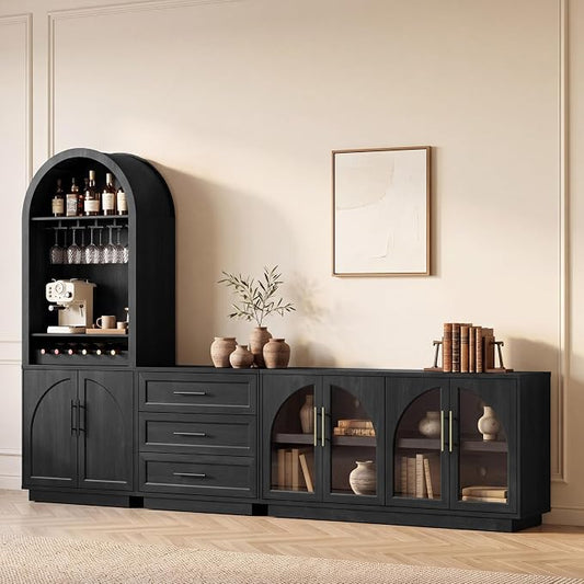 Fatmok Caldera Collection 3-Piece Set, LED Wine Cabinet with USB Ports, 3-Drawer Nightstand, Glass Door Sideboard with Adjustable Shelves for Living Room, Dining Room, Bedroom, Black Grey