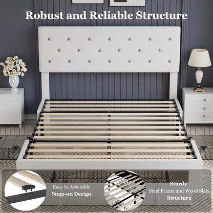 VECELO Queen Size Bed Frame with 3 Storage Drawers, Leather Upholstered with Diamond Tufted Headboard, Solid Wood Slat Support & Steel Framework, PU & White