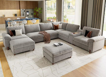 SITJOY Large Cloud Couch, 138" Wide 8 Seat V Shape with Console, Light Gray | Detachable and Washable Chenille Cover Sectional Sofas for Living Room, Deep Seat Wide Couch with Chaise, Storage Ottoman