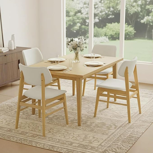 KISLOT Wooden Dining Chairs Set of 4, Upholstered Modern Dining Room Chairs, Solid Oak Wood Kitchen Chairs with Soft Cushion Backrest for Farmhouse, Restaurant, Café (Cream Fabric & Original Color)