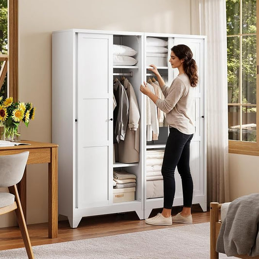 Letaya Armoire Wardrobe Closet,20" Deep Armoire Wardrobe Cabinets with Sliding Doors and Shelves,Narrow Slim Coat Closet Cabinet with Hanging Rod for Home (White)