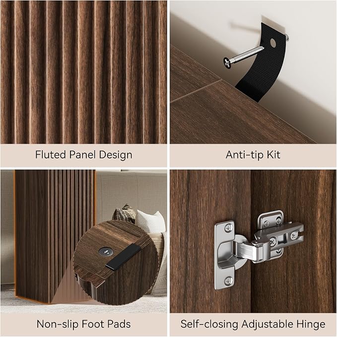 FABATO 61'' Fluted Long Console Table, Wooden Rectangular Sofa Table Behind The Couch, Narrow Entryway Table with 2 Hidden Storage Cabinets for Entrance, Hallway, Living Room, Foyer, Walnut