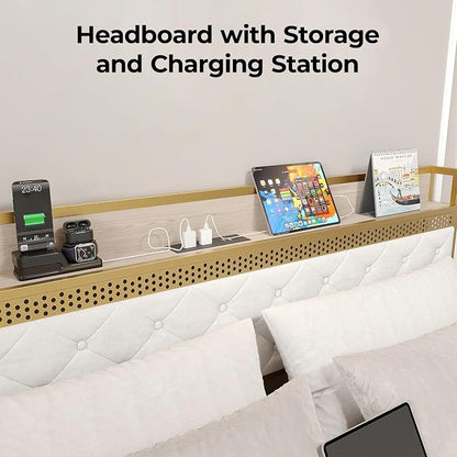 GarveeHome King Bed Frame with 2 Storage Drawers, LED Bed Frame with 2-Tier Storage Headboard&Charging Station, Metal Platform Bed Frame, No Box Spring Needed, Noise Free, White
