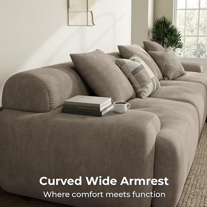 LIKIMIO LumiCord 118" Tufted Modular Sectional Sofa, Modern U-Shaped Boneless Couch for Living Room, 26.8" Deep Seat, 18.1" High Seating, 15" Wide Armrest, Corduroy, Light Brown