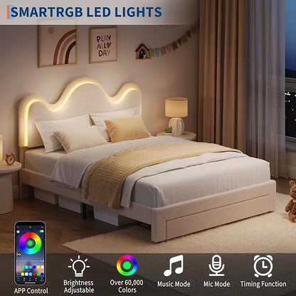 IDEALHOUSE Queen Bed Frame with LED Headboard and Under-Bed Drawer, Metal Upholstered Platform Bed with LED Light for Kids, Girls, Lamb Fleece Fabric, Wooden Slats Support, No Box Spring Needed, White