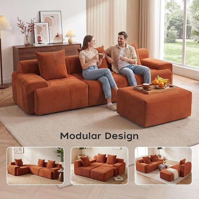 118" Sectional Boneless Oversize Modular Couches, Curved Cloud Sectional Sofa for Living Room, Corduroy L Shape Deep Seat Sofa with Ottoman, No Assembly Required,Terracotta Orange