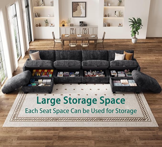 Modular Sectional V Shaped Sofa Couches for Living Room, Cloud Couch with Storage Ottoman, Comfy Chenille Sofa with Pillow, Black