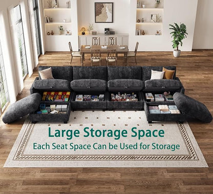Modular Sectional U Shaped Sofa Couches for Living Room, Cloud Couch with Storage Ottoman, Comfy Chenille Sofa with Pillow, Black