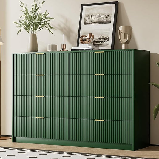 Furniway Green Dresser for Bedroom, Modern Dresser with 8 Drawers and Smooth Slides, Wide Chest of Drawers with Golden Handles for Bedroom, Closet, 15.7" D x 55" W x 37.4" H