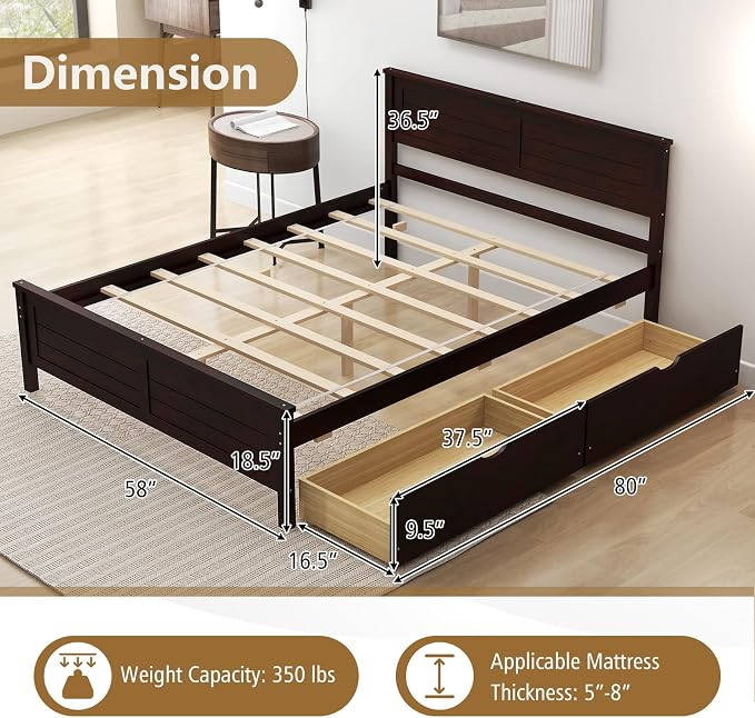 KOMFOTT Full Size Wood Bed Frame with 2 Storage Drawers, Mid Century Platform Bed Frame with Headboard, Sturdy Wooden Slats Support, Modern Mattress Foundation, No Box Spring Required, Easy Assembly