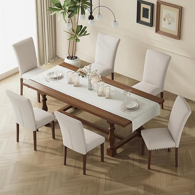 MALOL High Back Dining Chairs Set of 4, Upholstered Dining Room Chair with Wood Legs and Nailhead Trim, Modern Padded Kitchen Chairs for Dining Room/Restaurant, Beige