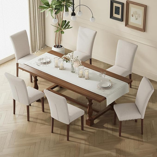 MALOL High Back Dining Chairs Set of 6, Upholstered Dining Room Chair with Wood Legs and Nailhead Trim, Modern Padded Kitchen Chairs for Dining Room/Restaurant, Beige