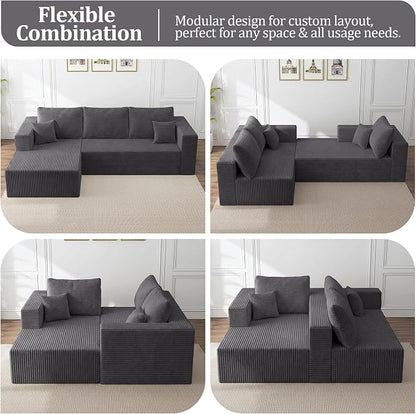 108" Modular Sectional Sofa,L-Shaped Cloud Couch with Deep Seats & Chaise,Convertible Corduroy Boneless Couches for Living Room,Bedroom,No-Assembly,Grey(Left Facing Chaise)