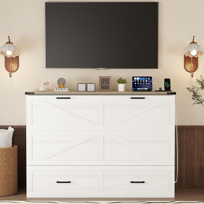 Merax Modern Farmhouse Solid Wood Murphy Cabinet Bed with Charging Station, Foldable Wall Platform Bed with Storage Drawer/No Box Spring Needed/Easy Assemble/Queen, White