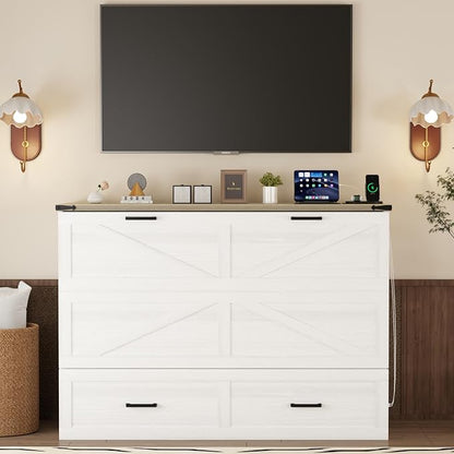 Merax Modern Farmhouse Solid Wood Murphy Cabinet Bed with Charging Station, Foldable Wall Platform Bed with Storage Drawer/No Box Spring Needed/Easy Assemble/Queen, White
