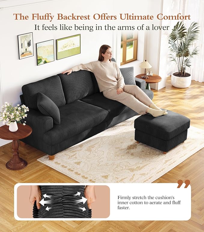 87" L shape Corduroy Couch, Sofa No Tool Assembly, Comfy Couches for Living Room 21in Deeper Seats, Corduroy Sofas for Living Room with 2 Pillows, Oversized Loveseat Sofa, Boho Love Seat, Black