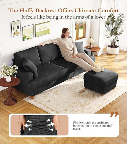 87" L shape Corduroy Couch, Sofa No Tool Assembly, Comfy Couches for Living Room 21in Deeper Seats, Corduroy Sofas for Living Room with 2 Pillows, Oversized Loveseat Sofa, Boho Love Seat, Black