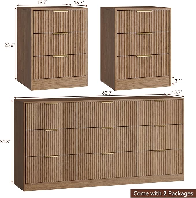 Fluted Dresser & 3 Drawer Nightstand Set 3-Piece, 63” Long 9 Drawer Dresser and Night Stand Set of 2, Fluted Modern Wood Chest of Drawers Storage Dressers Set for Bedroom, Natural Wood