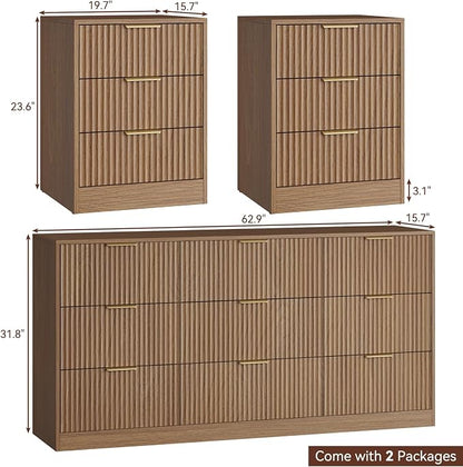 Fluted Dresser & 3 Drawer Nightstand Set 3-Piece, 63” Long 9 Drawer Dresser and Night Stand Set of 2, Fluted Modern Wood Chest of Drawers Storage Dressers Set for Bedroom, Natural Wood