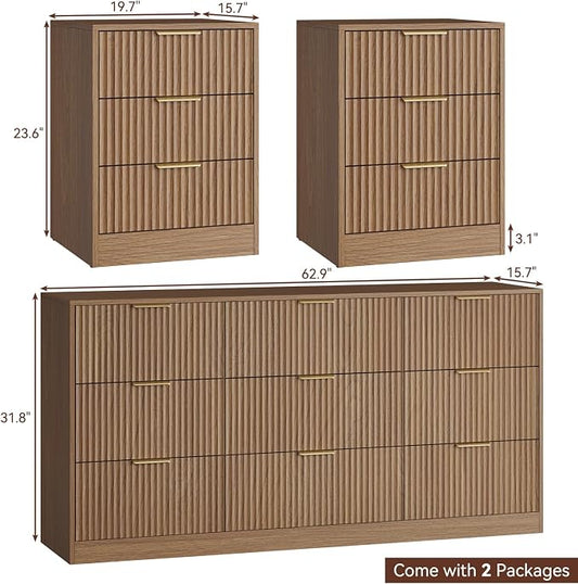 Fluted Dresser & 3 Drawer Nightstand Set 3-Piece, 63” Long 9 Drawer Dresser and Night Stand Set of 2, Fluted Modern Wood Chest of Drawers Storage Dressers Set for Bedroom, Natural Wood
