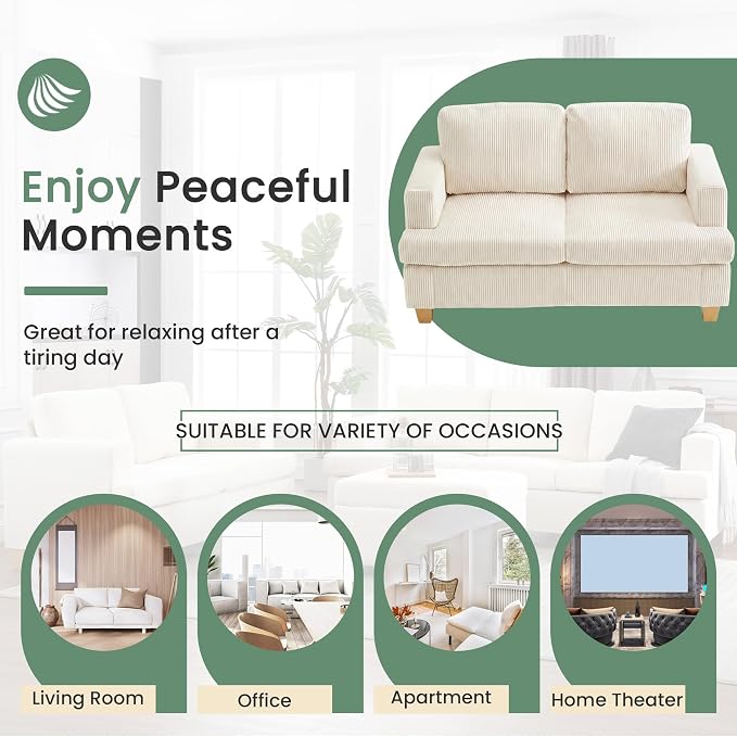 YOUDENOVA 63" Corduroy Sofa Couch Loveseat for Living Room, Small Seep Seat Loveseat Sofa for Bedroom, Comfy Chenille Couch for Small Spaces, White Corduroy