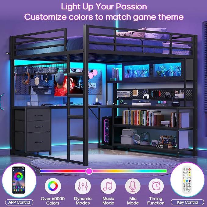 ADORNEVE Gaming Loft Bed Full Size with L-Shaped Desk, Arcylic RGB Hutch & Safety Power Outlet, Metal Loft Bed Frame with Storage Drawer, Shelves, Safety Guardrail, Space Saving for Teens, Black