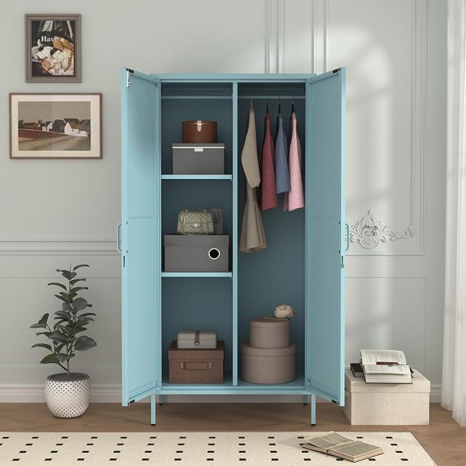 Lockable Closet Metal Wardrobe 67" Blue 2 Door Wardrobe Bedroom Storage Cabinet Adjustable shelf Multi functional metal Storage Cabinet with hanging rail for domestic use 18.1" D x 31.5" W x 67" H