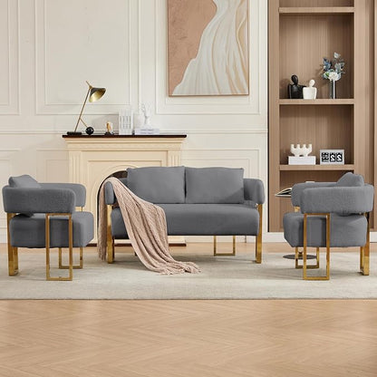 YISHENG Loveseat Sofa Modern Accent Chairs for Living Room with Golden Metal Legs Soft Teddy Upholstered Reading Armchairs no Wheels for Reception Room//Bedroom/Lounge/Office,Grey