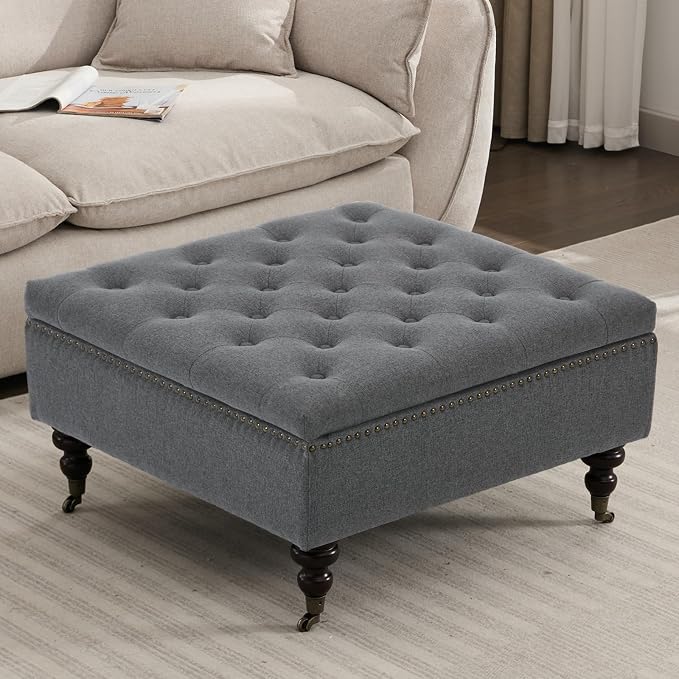 Large Square Storage Ottoman Uphlostered Tufted Button Coffee Table, Oversized Footrest Bench with Castered Rolling Wheels for Living Room, Dark Grey Linen Waterproof